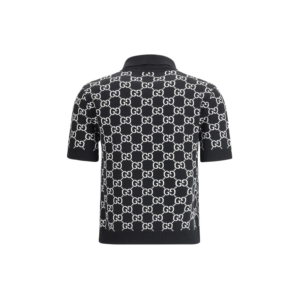 Gucci Black 100% Wool GG Jacquard Polo Top – Slim Fit, Ribbed Collar