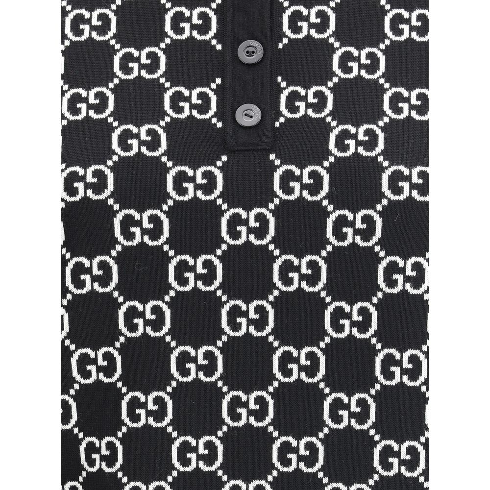 Gucci Black 100% Wool GG Jacquard Polo Top – Slim Fit, Ribbed Collar