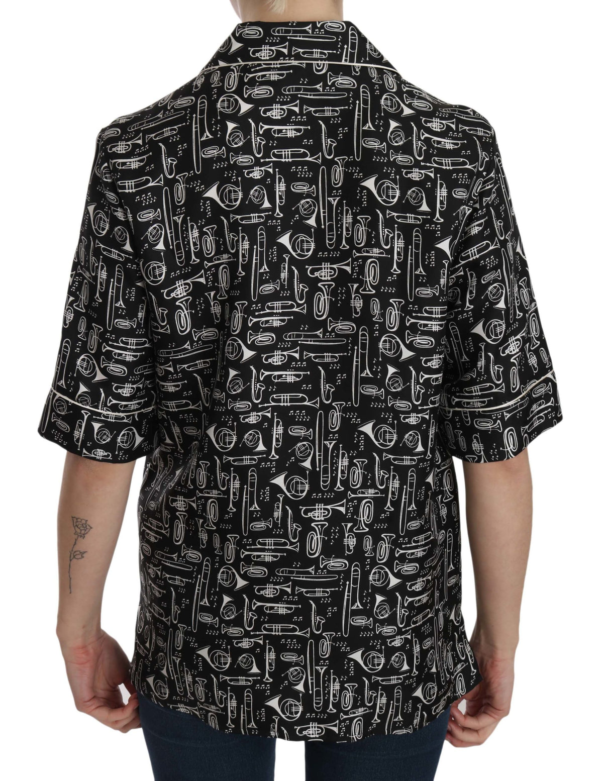 Dolce & Gabbana Black 100% Silk Instrument Print Top – Collared, Logo Detail, Italian