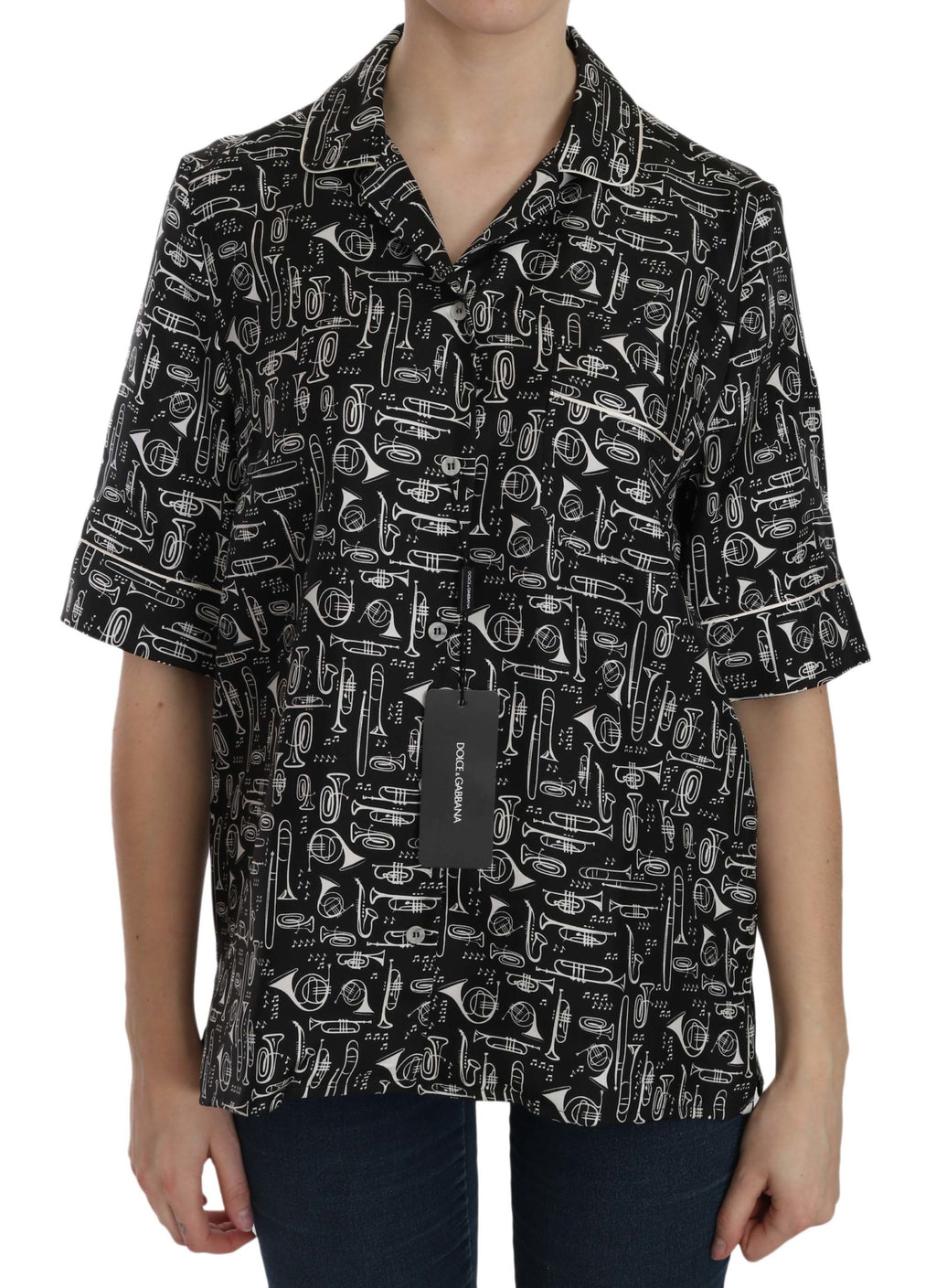 Dolce & Gabbana Black 100% Silk Instrument Print Top – Collared, Logo Detail, Italian