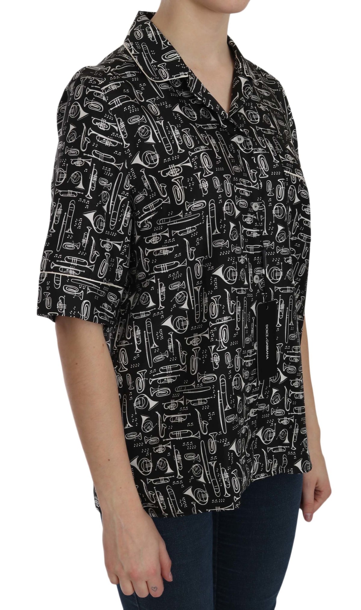 Dolce & Gabbana Black 100% Silk Instrument Print Top – Collared, Logo Detail, Italian