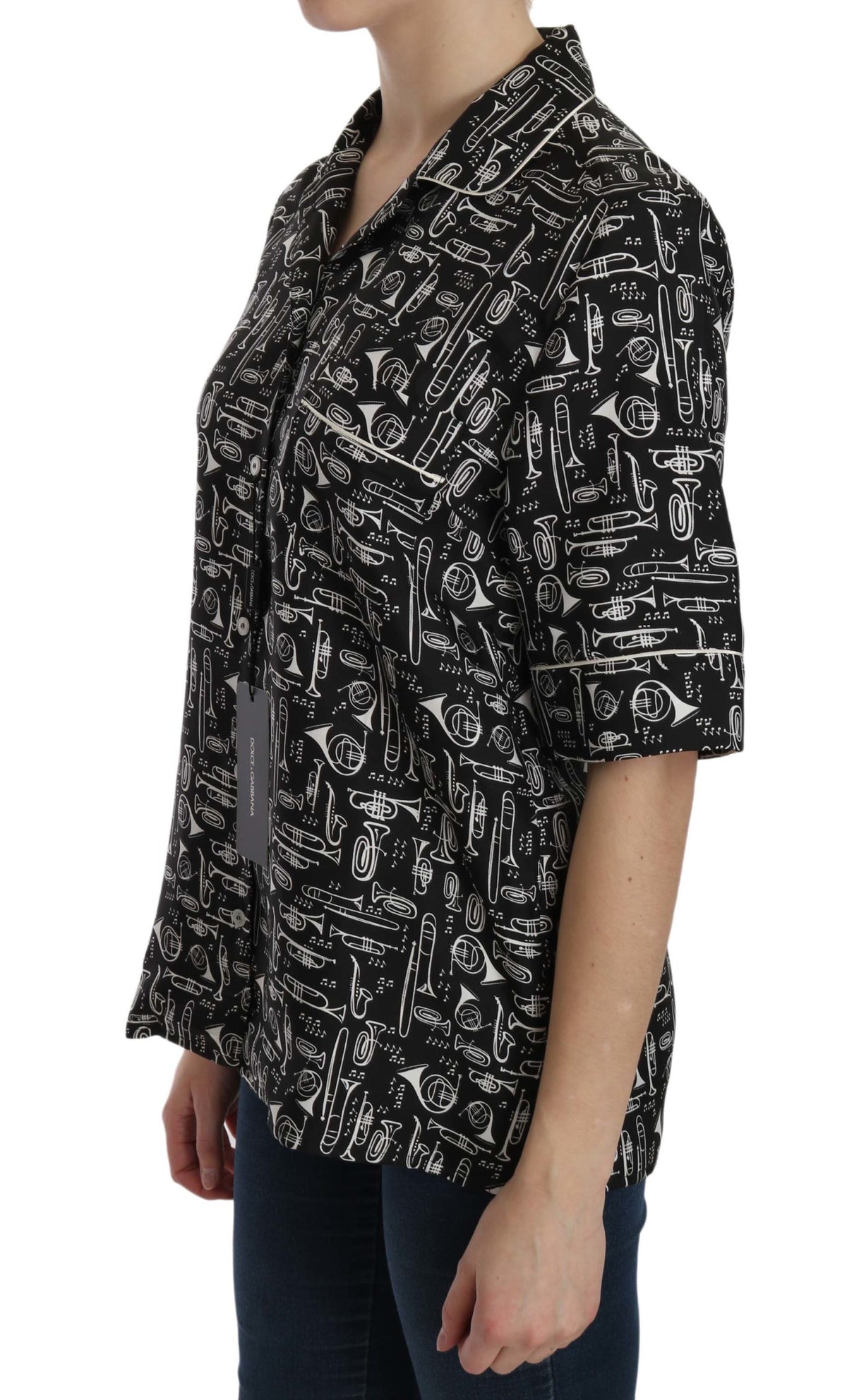 Dolce & Gabbana Black 100% Silk Instrument Print Top – Collared, Logo Detail, Italian