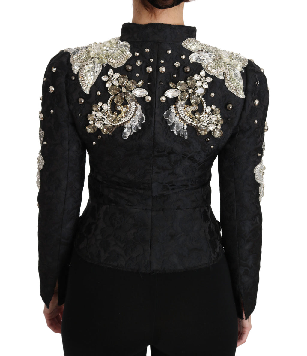Dolce & Gabbana Black Jacquard Crystal-Embellished Floral Blazer – Sicilian Pattern, Silk Lining, Hand-Stitched, Italian