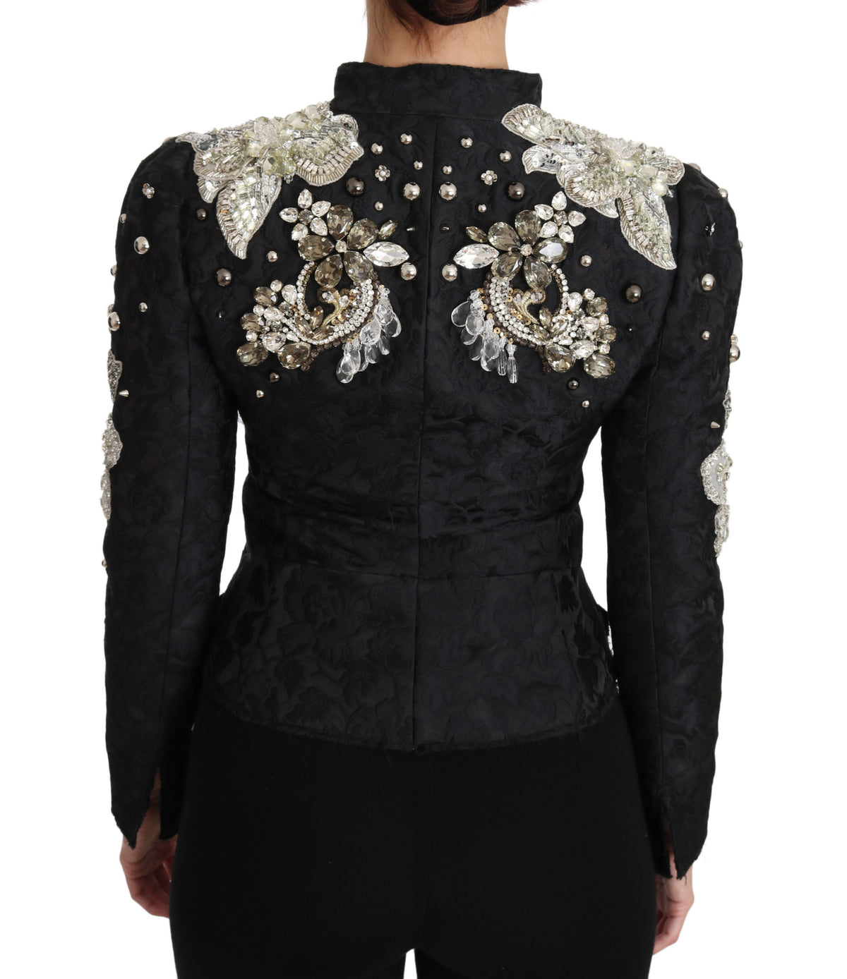 Dolce & Gabbana Black Jacquard Crystal-Embellished Floral Blazer – Sicilian Pattern, Silk Lining, Hand-Stitched, Italian