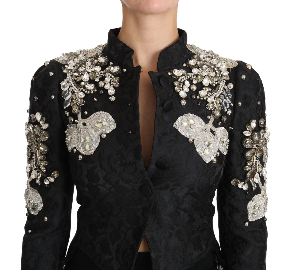 Dolce & Gabbana Black Jacquard Crystal-Embellished Floral Blazer – Sicilian Pattern, Silk Lining, Hand-Stitched, Italian