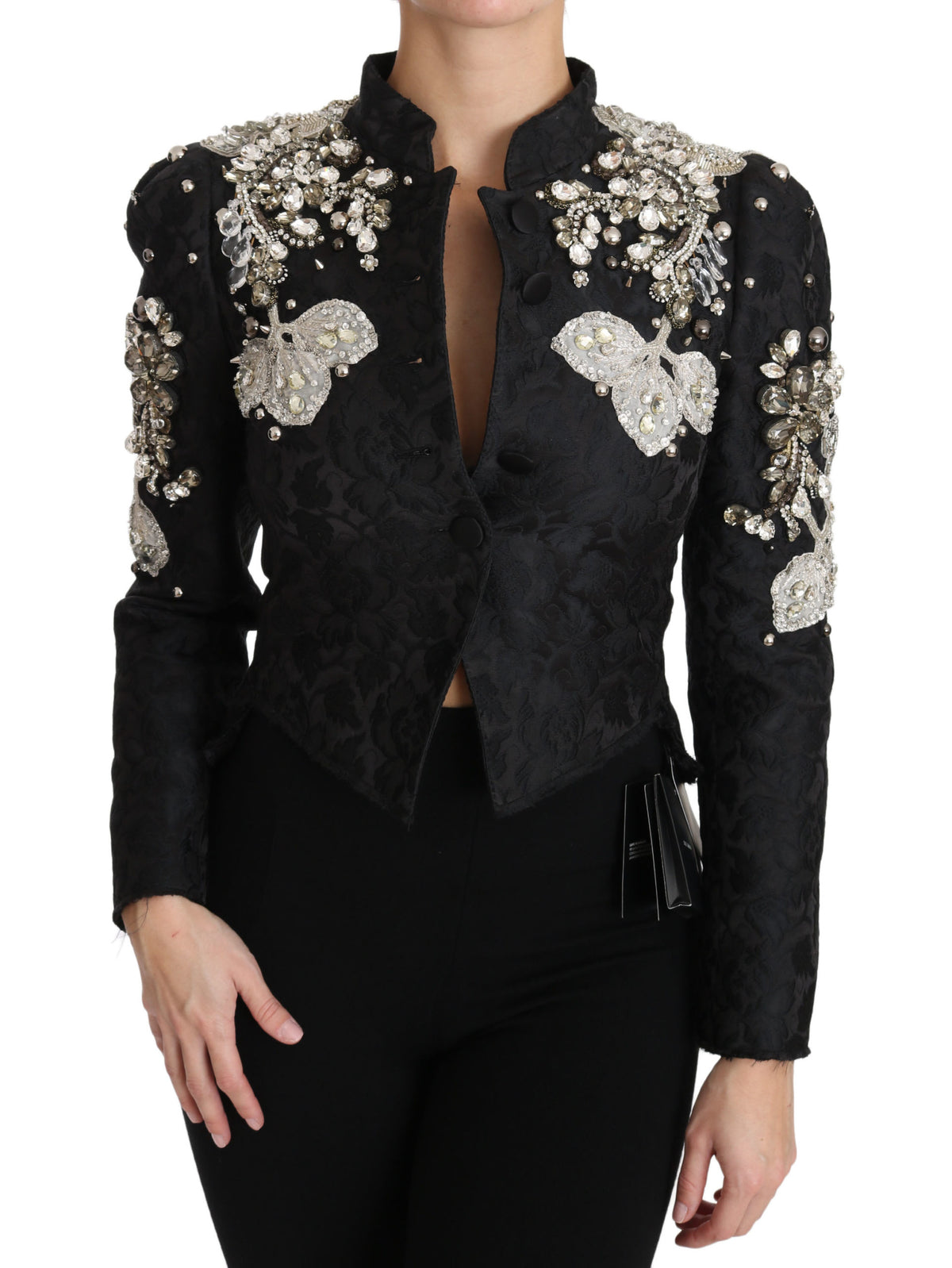 Dolce & Gabbana Black Jacquard Crystal-Embellished Floral Blazer – Sicilian Pattern, Silk Lining, Hand-Stitched, Italian