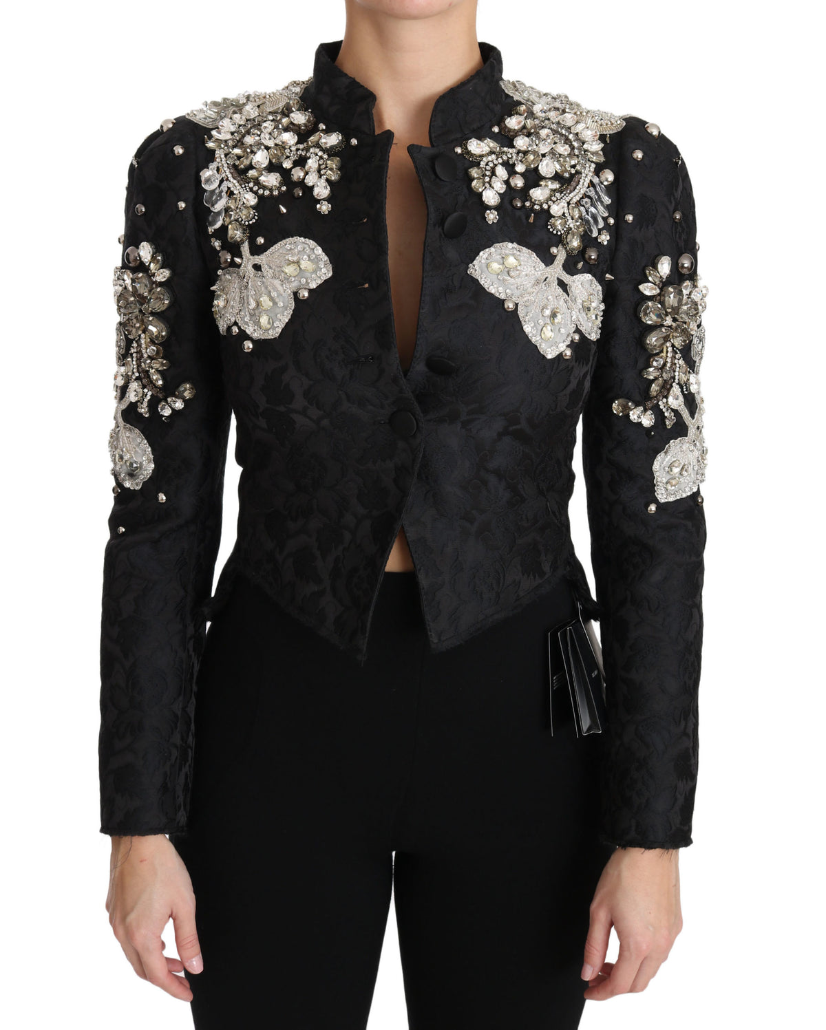 Dolce & Gabbana Black Jacquard Crystal-Embellished Floral Blazer – Sicilian Pattern, Silk Lining, Hand-Stitched, Italian