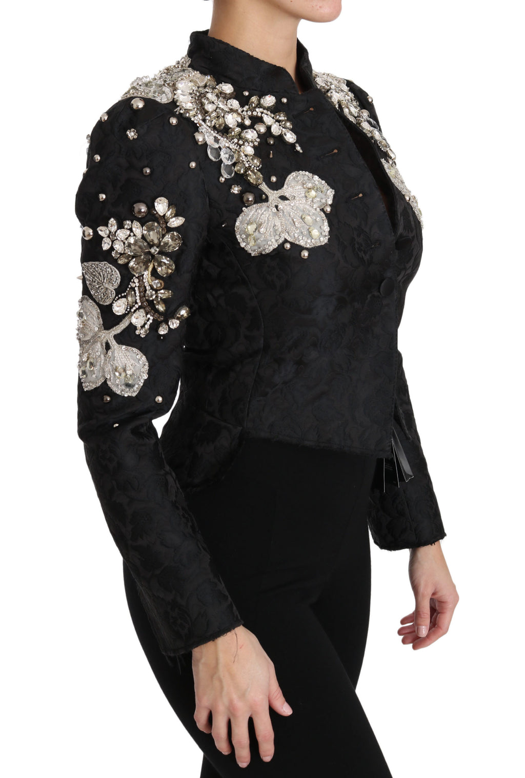 Dolce & Gabbana Black Jacquard Crystal-Embellished Floral Blazer – Sicilian Pattern, Silk Lining, Hand-Stitched, Italian