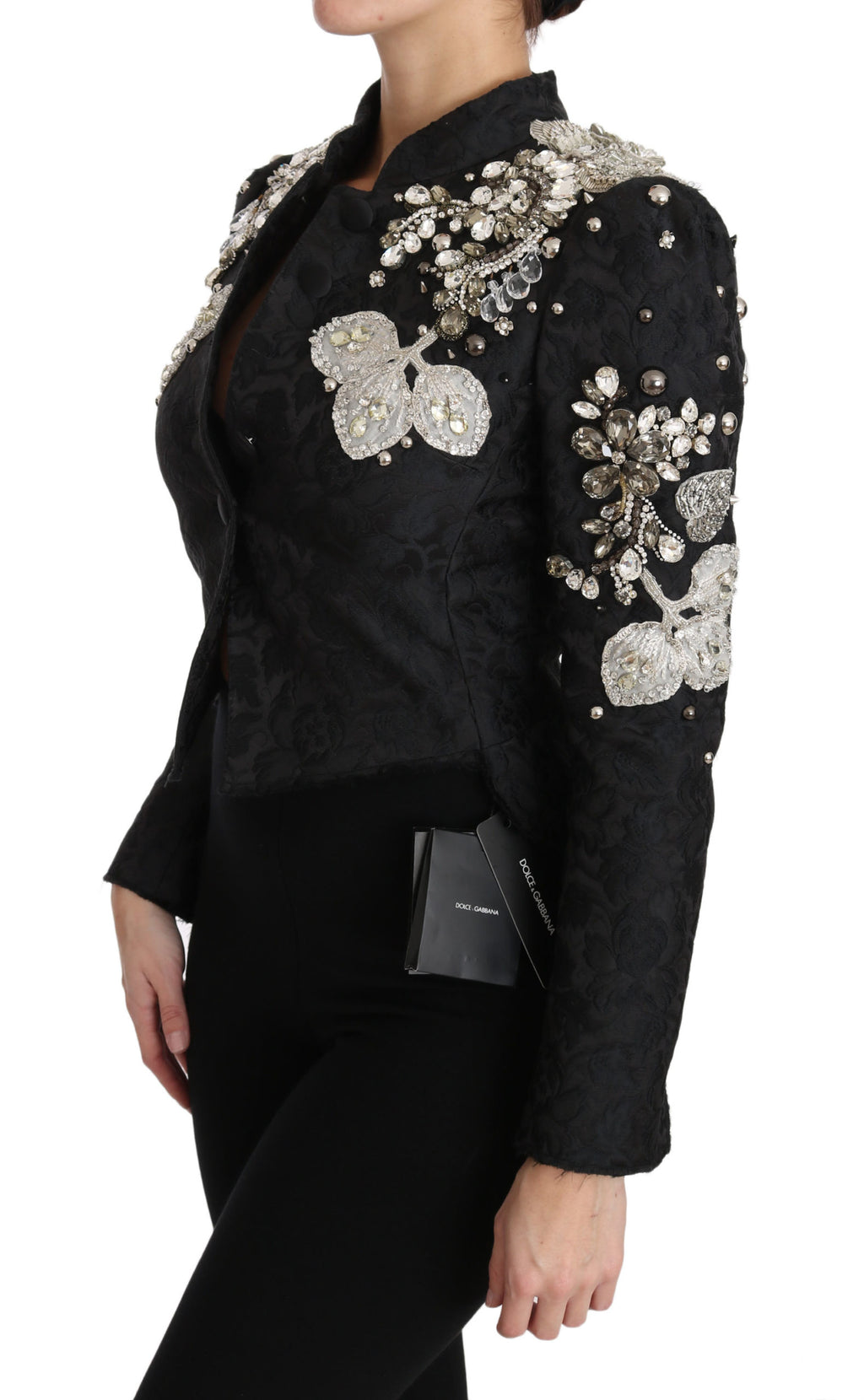 Dolce & Gabbana Black Jacquard Crystal-Embellished Floral Blazer – Sicilian Pattern, Silk Lining, Hand-Stitched, Italian