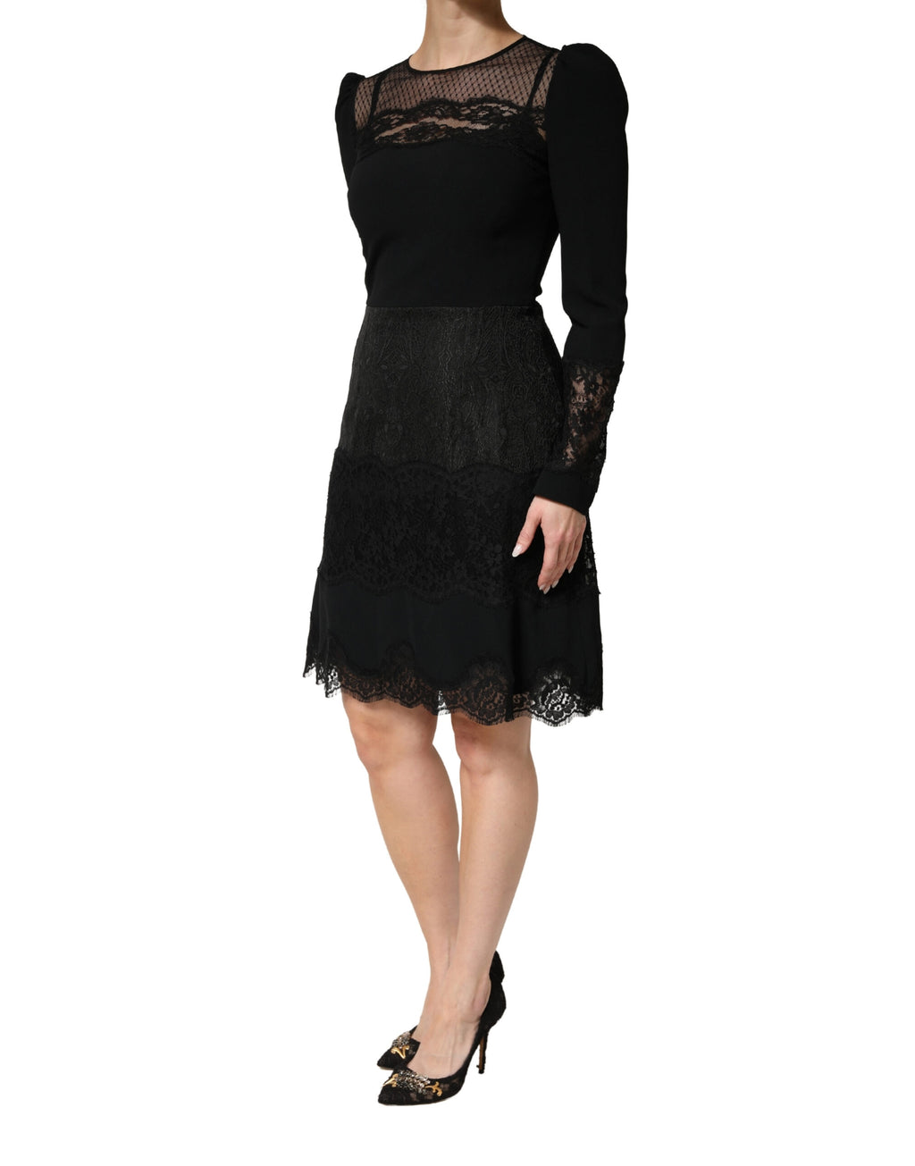 Dolce & Gabbana Black Lace Sheer Panel Midi Long Sleeve  Dress