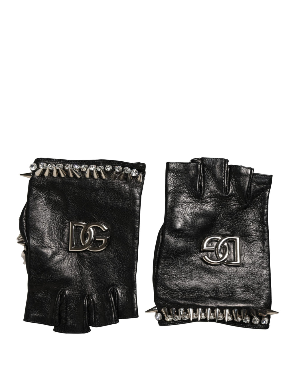 Dolce & Gabbana Black Embellished Leather Wrist-Length Gloves – Logo, Italian