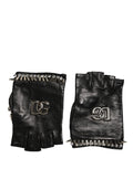Dolce & Gabbana Black Embellished Leather Wrist-Length Gloves – Logo, Italian