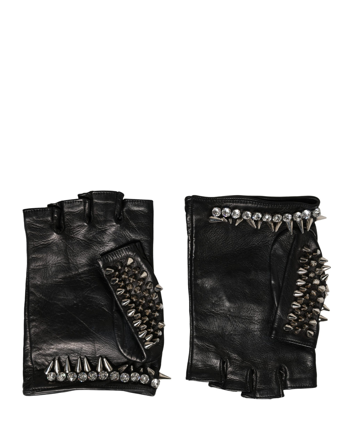 Dolce & Gabbana Black Embellished Leather Wrist-Length Gloves – Logo, Italian