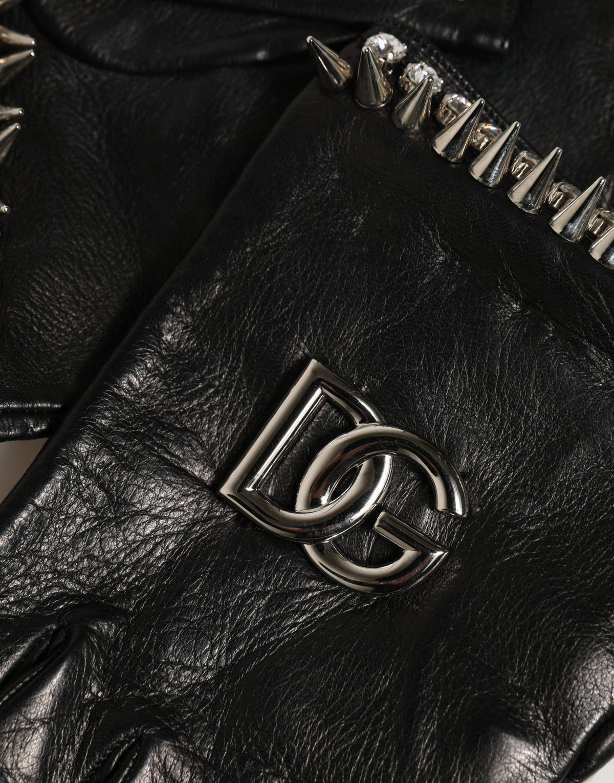 Dolce & Gabbana Black Embellished Leather Wrist-Length Gloves – Logo, Italian