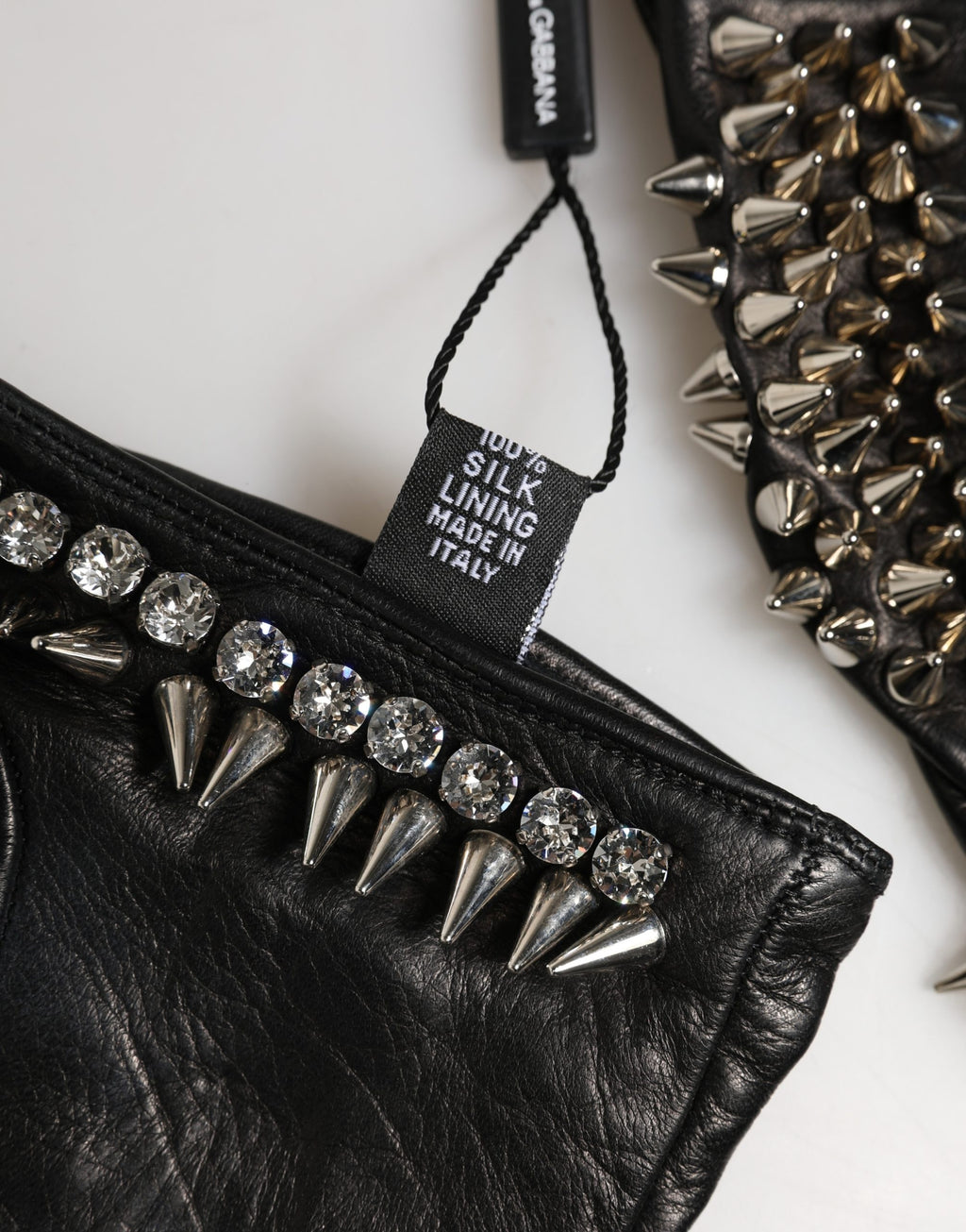 Dolce & Gabbana Black Embellished Leather Wrist-Length Gloves – Logo, Italian