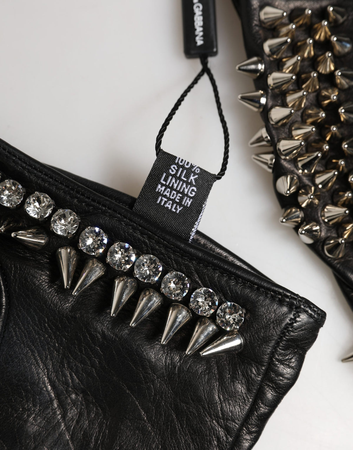 Dolce & Gabbana Black Embellished Leather Wrist-Length Gloves – Logo, Italian