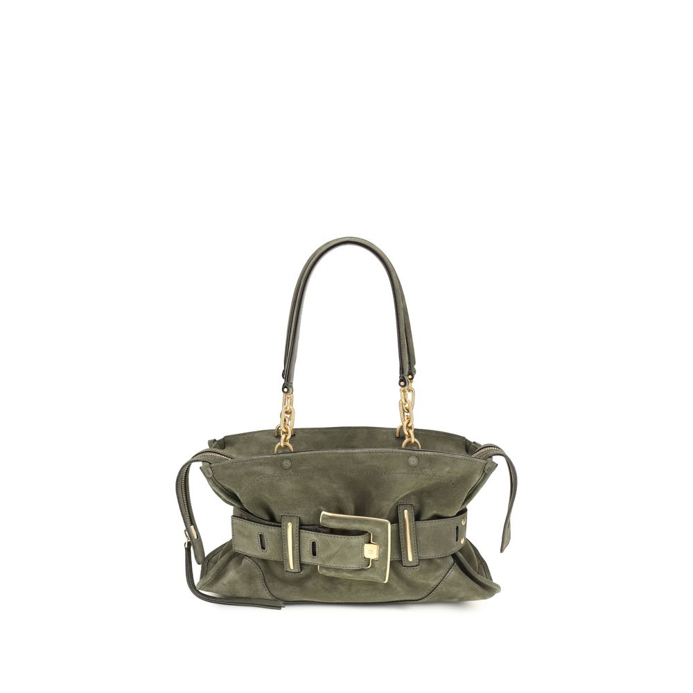 Balmain Two-Tone Calfskin Suede Bag – 'Anthem', PB Buckle, Chain Handle, Gold Zipper, 24x38x10 cm