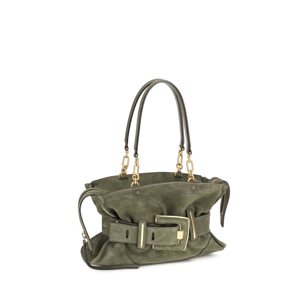 Balmain Two-Tone Calfskin Suede Bag – 'Anthem', PB Buckle, Chain Handle, Gold Zipper, 24x38x10 cm