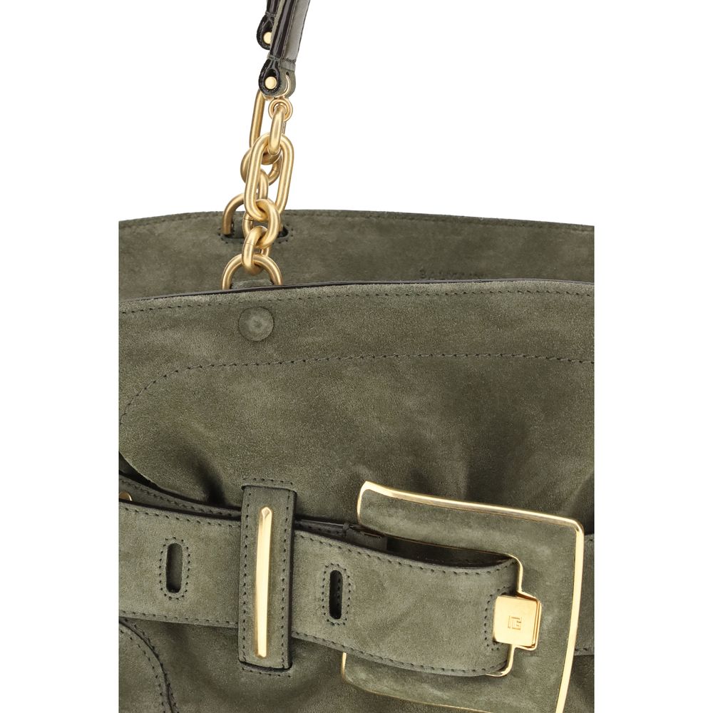 Balmain Two-Tone Calfskin Suede Bag – 'Anthem', PB Buckle, Chain Handle, Gold Zipper, 24x38x10 cm