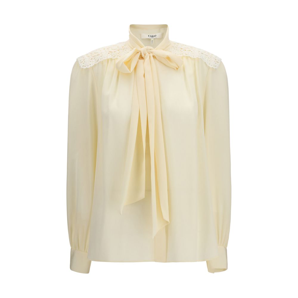 Chloé Beige 100% Polyester Blouse – Bow Neck, Embroidered Shoulder Pads, AW26
