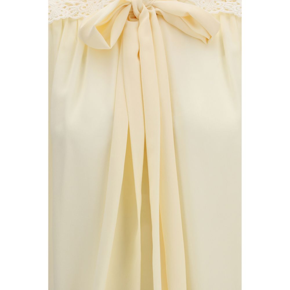 Chloé Beige 100% Polyester Blouse – Bow Neck, Embroidered Shoulder Pads, AW26