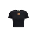 Fendi Black 94% Cotton Cropped Ribbed T-Shirt – Leather Logo Patch, Slim Fit, AW26
