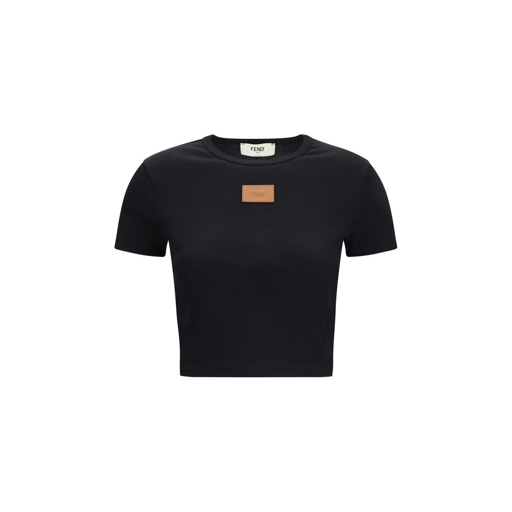 Fendi Black 94% Cotton Cropped Ribbed T-Shirt – Leather Logo Patch, Slim Fit, AW26