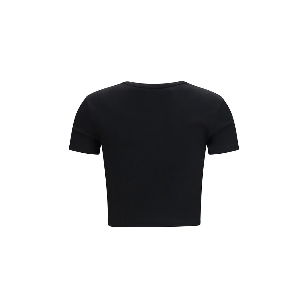 Fendi Black 94% Cotton Cropped Ribbed T-Shirt – Leather Logo Patch, Slim Fit, AW26