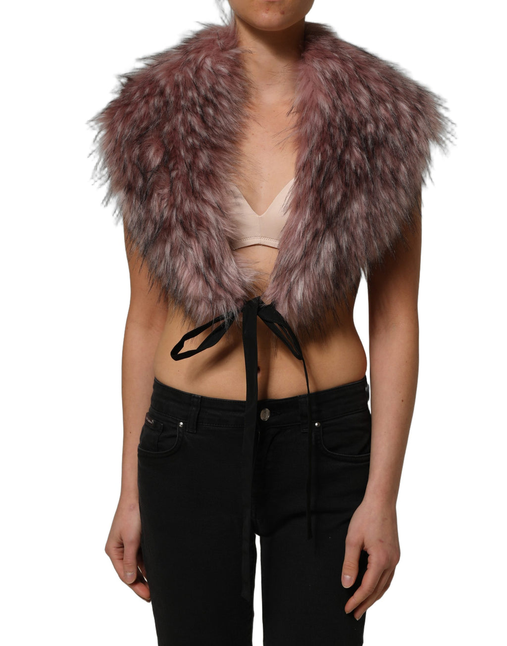 Dolce & Gabbana Pink 85% Acrylic Faux Fur Shrug Vest Top – Front Tie, Italian