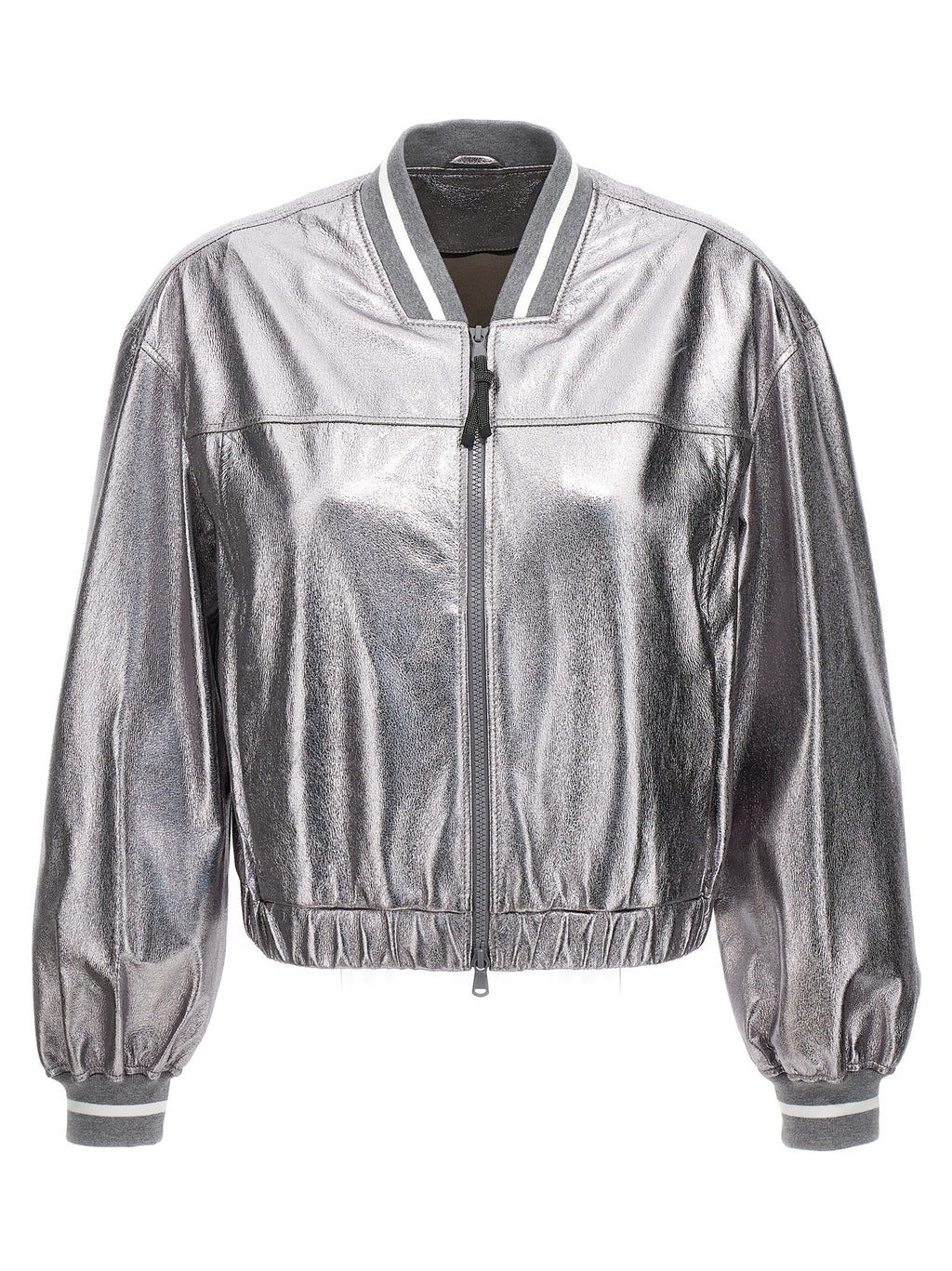 Brunello Cucinelli Silver Laminated Leather Bomber Jacket