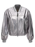 Brunello Cucinelli Silver Laminated Leather Bomber Jacket