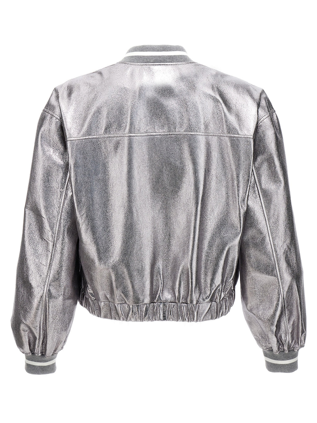 Brunello Cucinelli Silver Laminated Leather Bomber Jacket