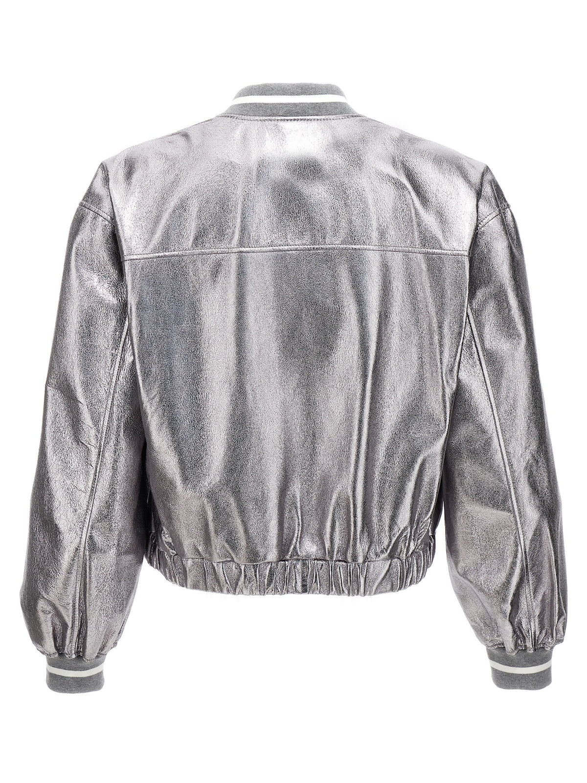 Brunello Cucinelli Silver Laminated Leather Bomber Jacket