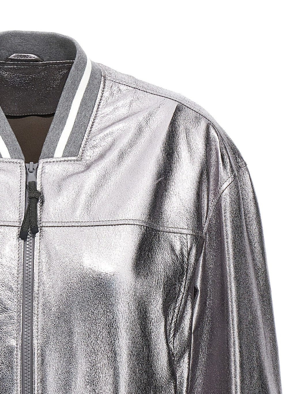 Brunello Cucinelli Silver Laminated Leather Bomber Jacket