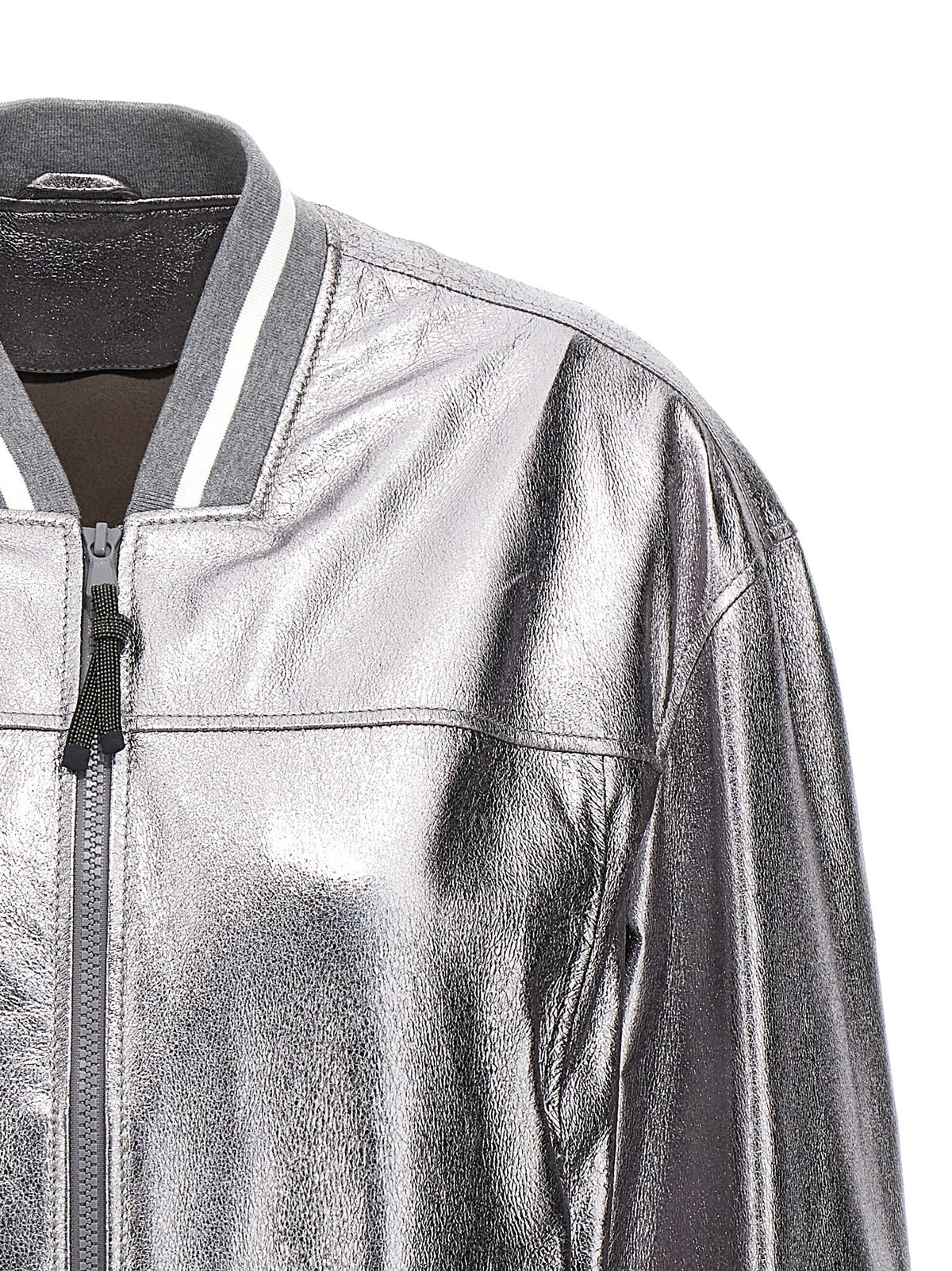 Brunello Cucinelli Silver Laminated Leather Bomber Jacket