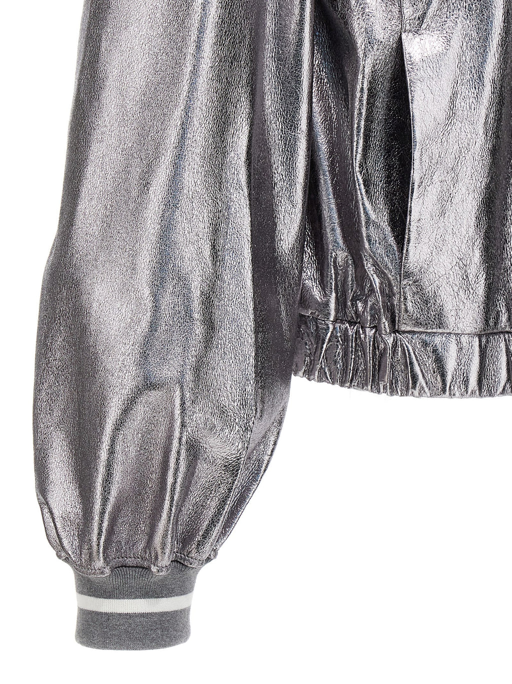 Brunello Cucinelli Silver Laminated Leather Bomber Jacket