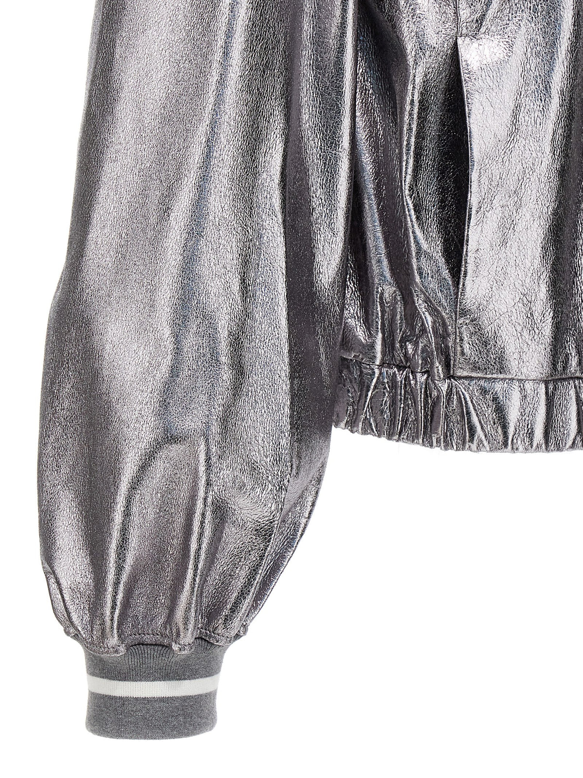Brunello Cucinelli Silver Laminated Leather Bomber Jacket