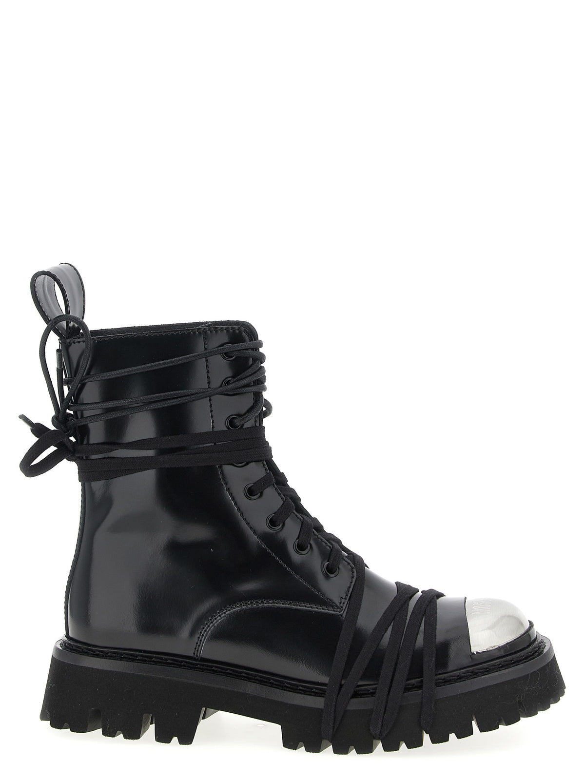 Moschino Black Calfskin Combat Lace-Up Boots - Metal Logo, Round Toe, Rubber Sole, Italian