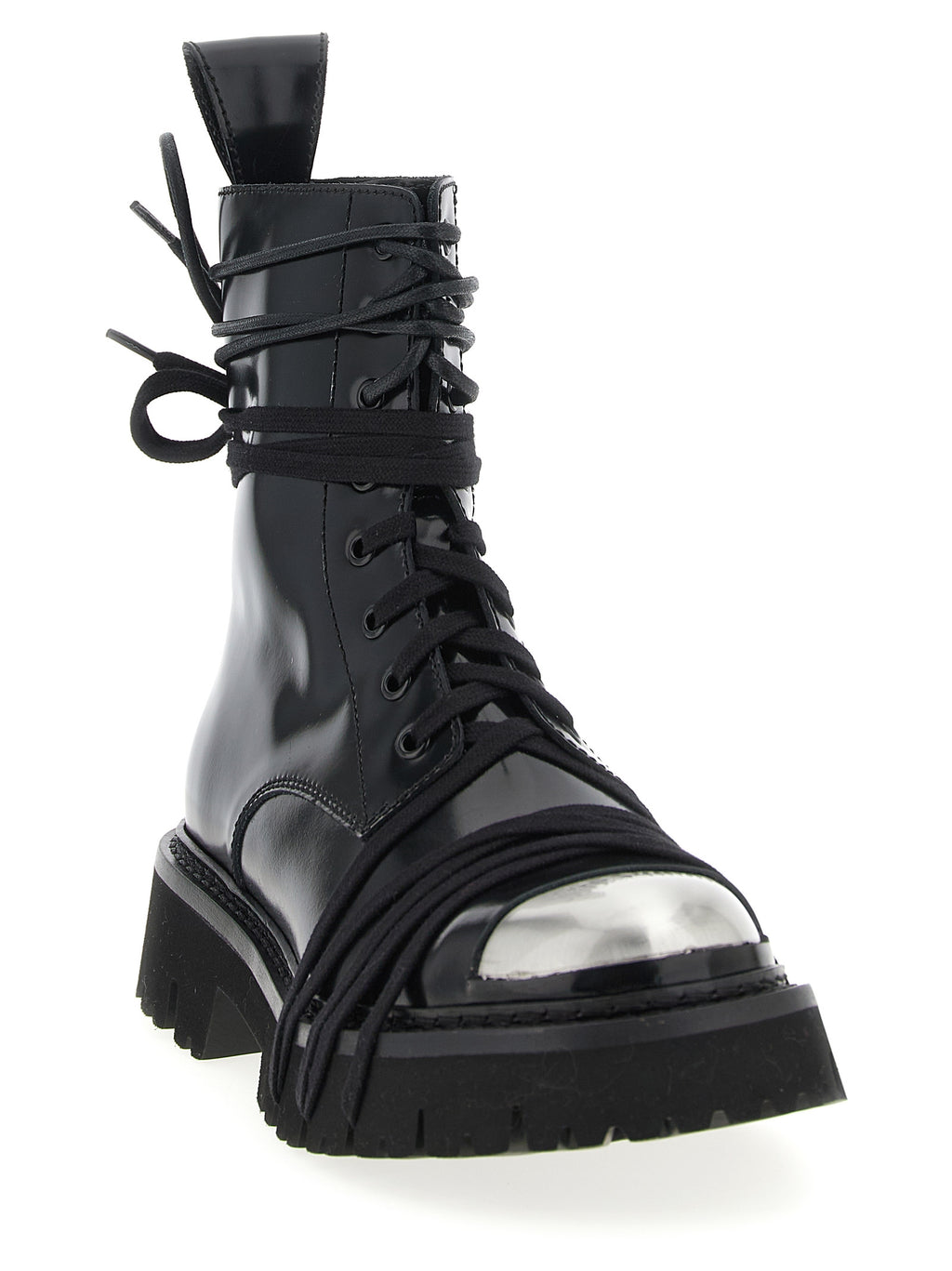 Moschino Black Calfskin Combat Lace-Up Boots - Metal Logo, Round Toe, Rubber Sole, Italian