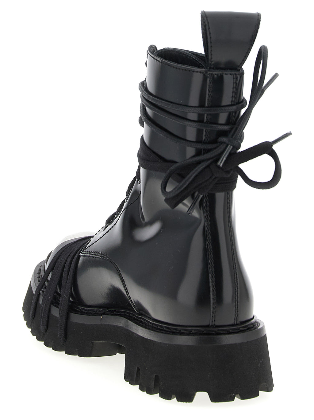 Moschino Black Calfskin Combat Lace-Up Boots - Metal Logo, Round Toe, Rubber Sole, Italian