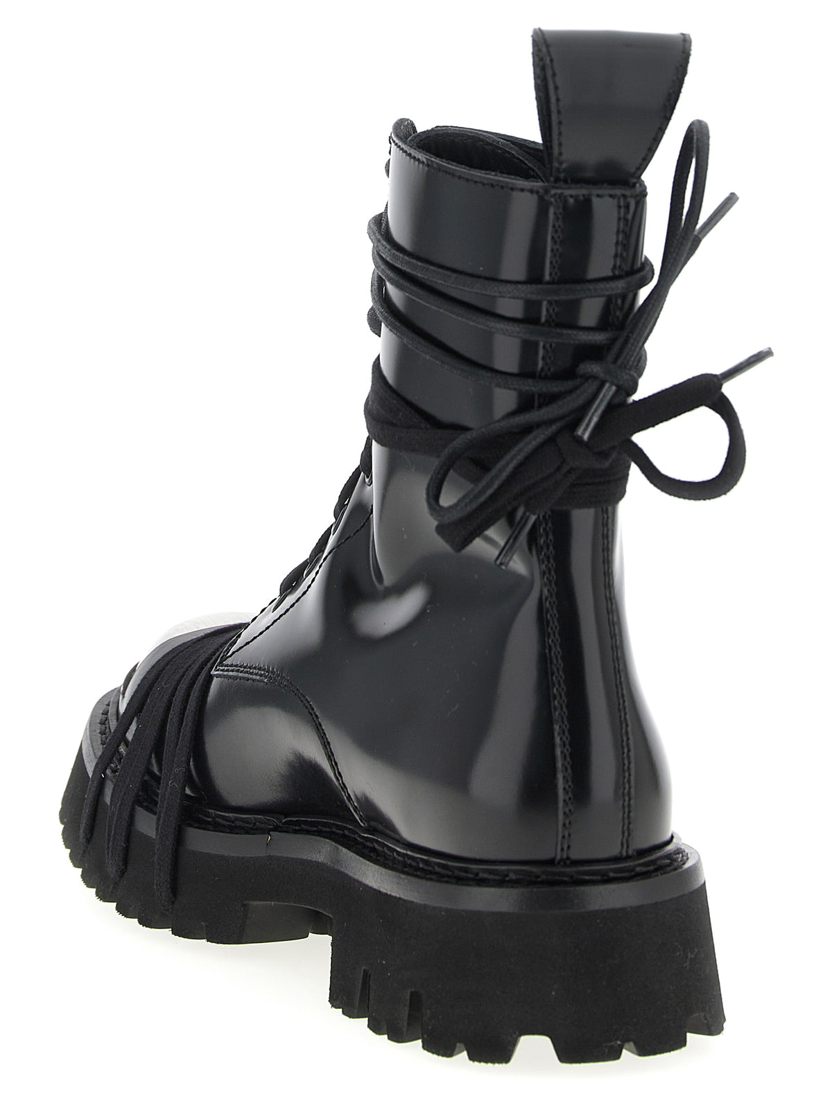 Moschino Black Calfskin Combat Lace-Up Boots - Metal Logo, Round Toe, Rubber Sole, Italian