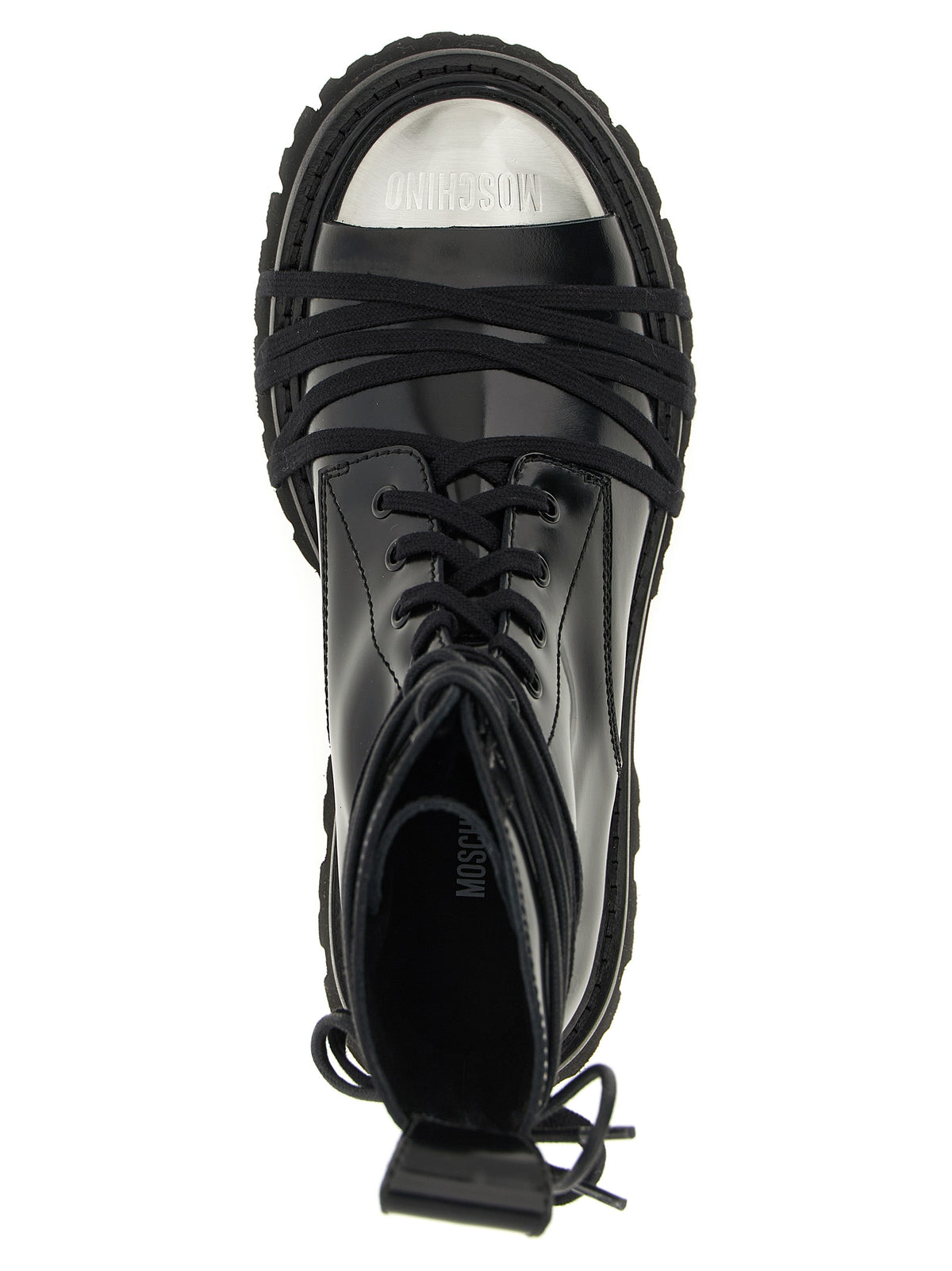 Moschino Black Calfskin Combat Lace-Up Boots - Metal Logo, Round Toe, Rubber Sole, Italian