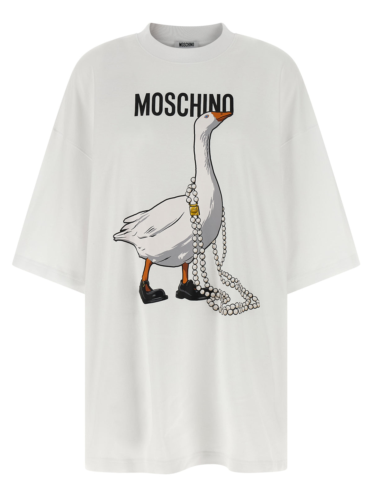 Moschino White 100% Cotton T-Shirt Mini Dress – “Goose” Print, Loose Fit, Portuguese