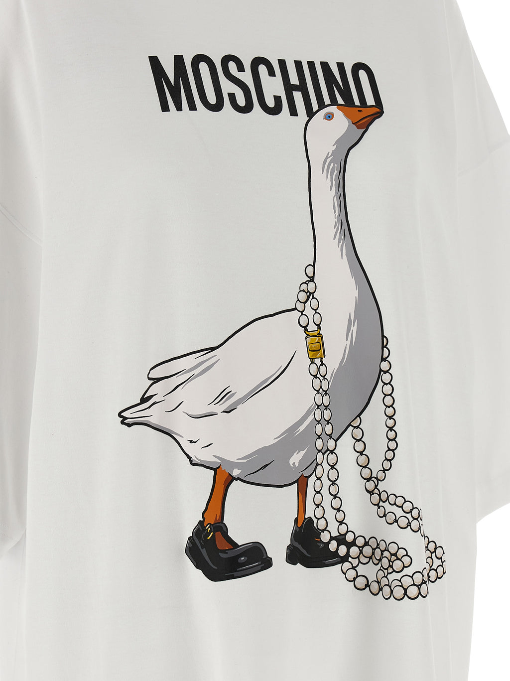 Moschino White 100% Cotton T-Shirt Mini Dress – “Goose” Print, Loose Fit, Portuguese