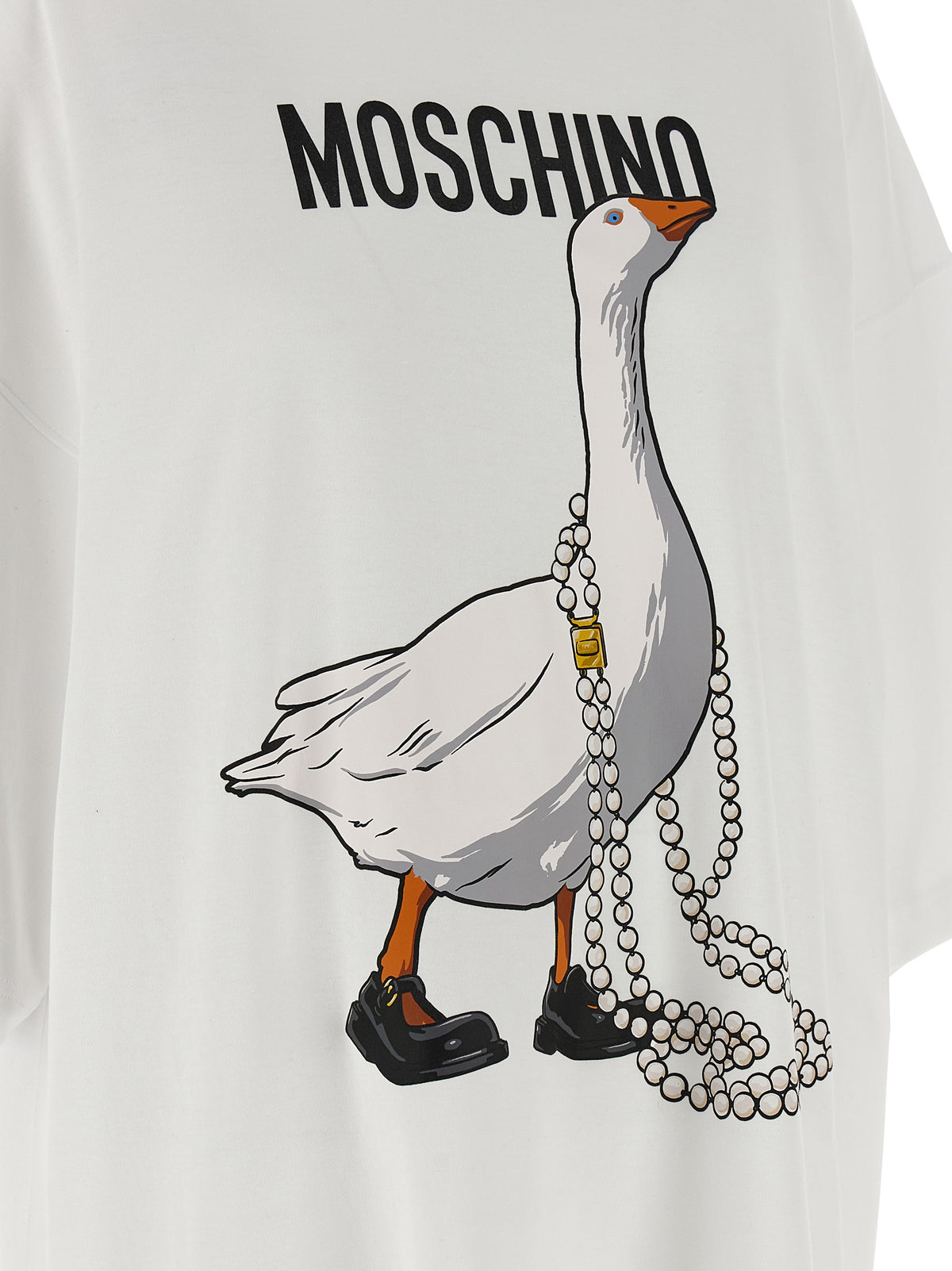 Moschino White 100% Cotton T-Shirt Mini Dress – “Goose” Print, Loose Fit, Portuguese