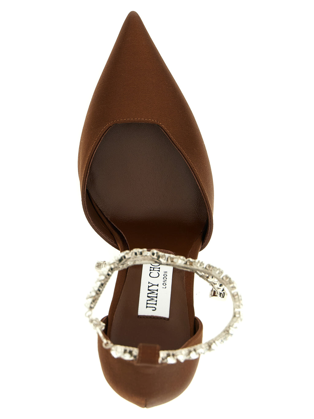 Jimmy Choo Brown Tencel 'Stevie' Satin Pumps – Crystal Ankle Strap, High Heel, Italian
