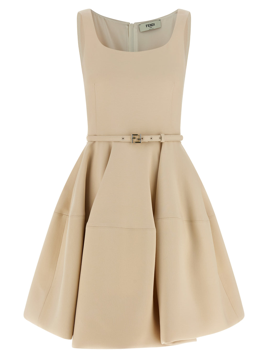 Fendi Pink 77% Wool-Silk Wide-Skirt Mini Dress – FF Logo Buckle, Pockets, Italian