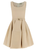 Fendi Pink 77% Wool-Silk Wide-Skirt Mini Dress – FF Logo Buckle, Pockets, Italian
