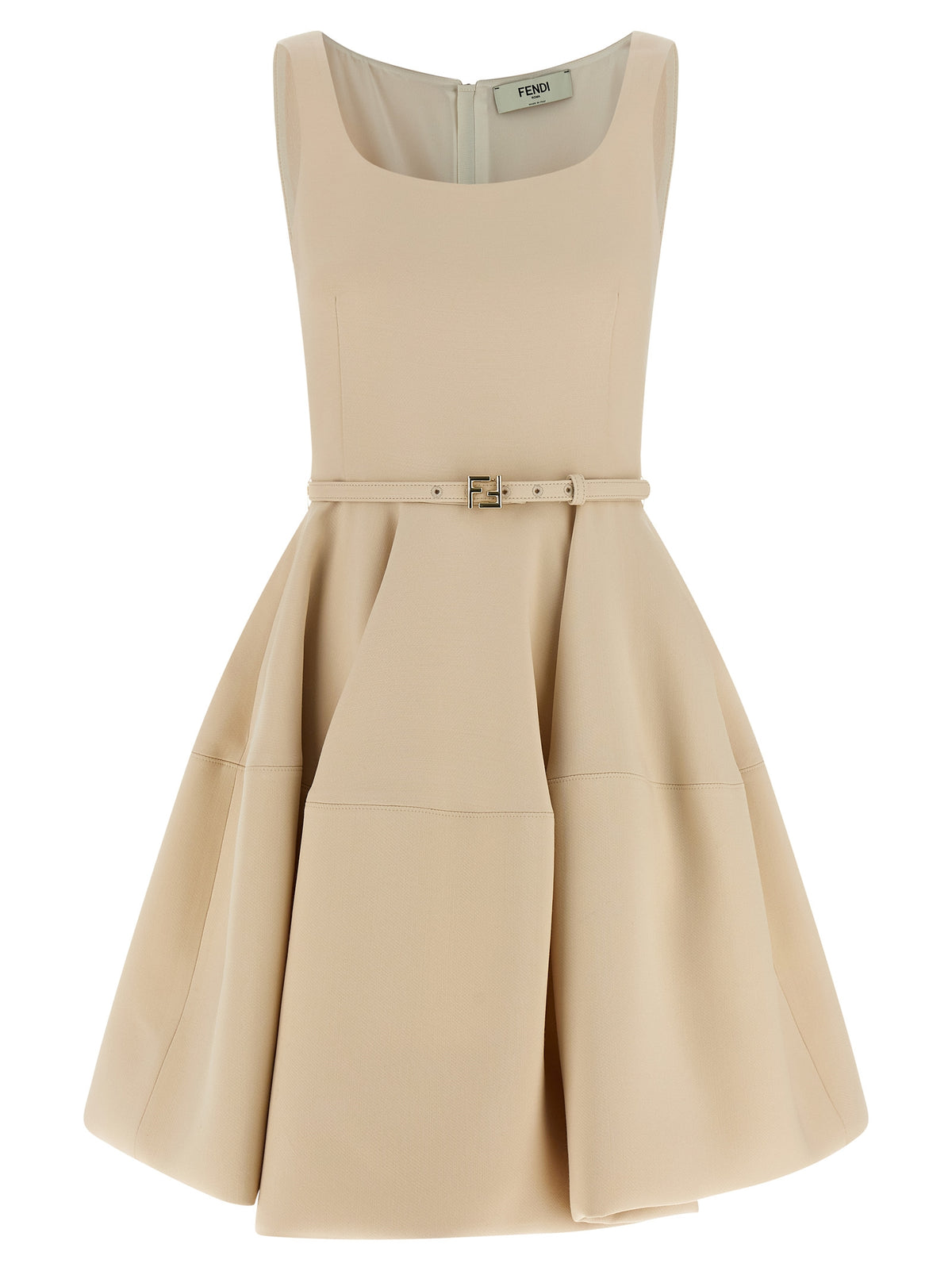 Fendi Pink 77% Wool-Silk Wide-Skirt Mini Dress – FF Logo Buckle, Pockets, Italian