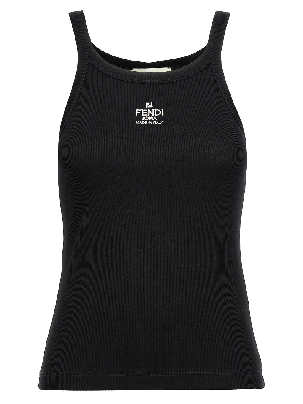 Fendi Black 94% Cotton Ribbed Tank Top – Front Logo Embroidery, Sleeveless, Italian
